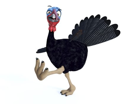 A funny silly looking cartoon turkey marching. White background.