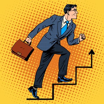 Businessman climbs up the career ladder retro style pop art