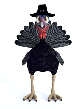 A funny silly looking cartoon turkey wearing a pilgrim hat. White background.