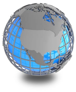 North America on a grey geographic net enveloping Earth, isolated on white background.