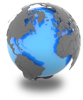 Continent surrounding the Atlantic ocean standing out of blue planet in grey, isolated on white background