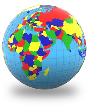 Eastern Hemisphere, political map of the world with countries in four colours, isolated on white background.