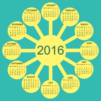 rays sun simple 2015 year vector calendar design. Week starts with monday