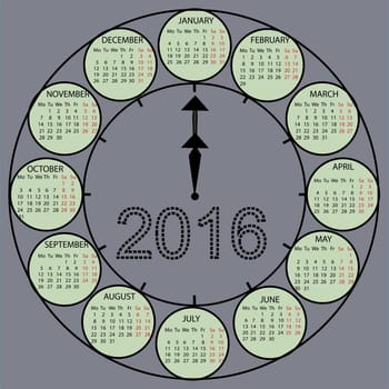 The watch dial hands. Simple 2015 year vector calendar design. Week starts with monday