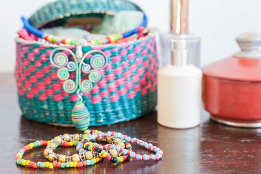 Various bracelets colorful plastic beads. Costume jewelry for  woman