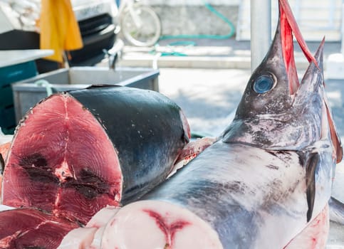 Swordfish for sale at a local outdoor market. Italy