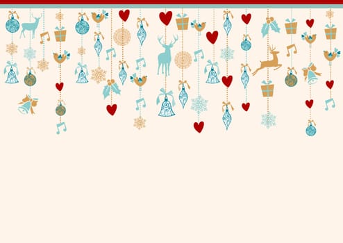 Merry Christmas card background hanging decoration ornament elements baubles composition. EPS10 vector file.