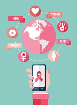 Mobile network concept infographic in flat style for breast cancer awareness with icons and text. Ideal for web, app or online campaign. EPS10 vector file.