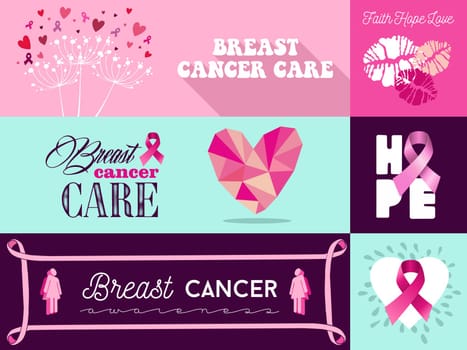 Flat banner with graphics elements set ideal for social media or online campaign in support of breast cancer awareness