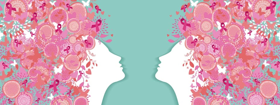 Healthy women face profile silhouette with pink hair ribbon and nature symbols for breast cancer awareness campaign. EPS10 vector file.