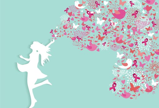 Healthy woman silhouette pink ribbon spring nature symbols in support of breast cancer awareness. EPS10 vector file.