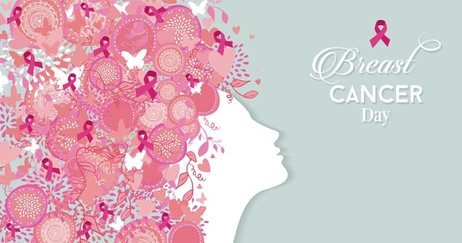 Healthy woman face profile silhouette with pink hair ribbon and nature symbols for breast cancer awareness day. EPS10 vector file.