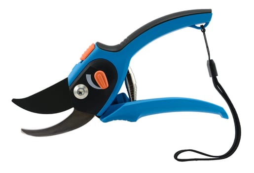 Open blue garden secateurs, isolated on white.