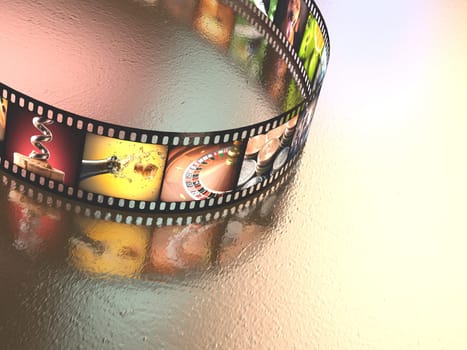 Photographic film with several photos on an uneven table metal. Clipping path included.