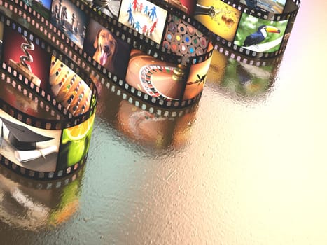 Photographic film with several photos on an uneven table metal. Clipping path included.