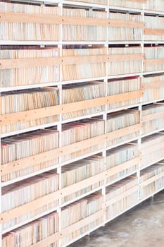 Cartoon books shelf background in book store, stock photo