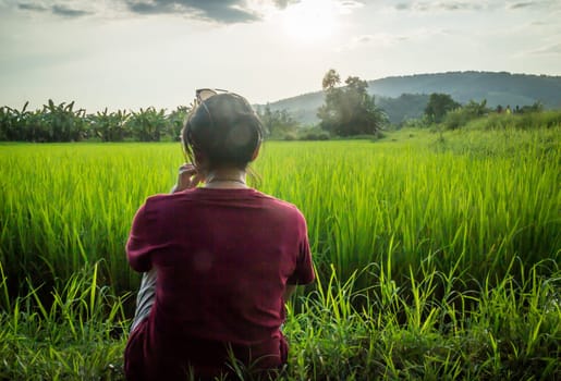 Asian woman enjoy green scenery of  rice field, stock photo