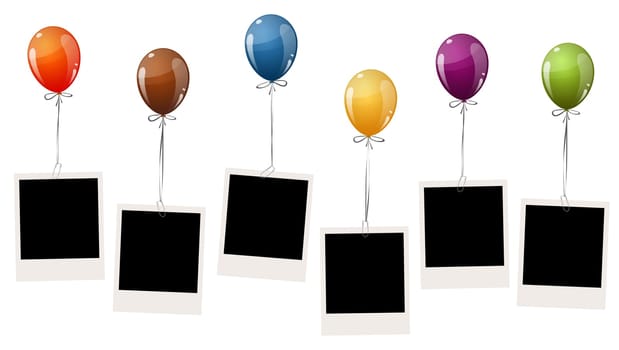 six old empty photos hanging on flying colored balloons