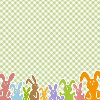 Happy Easter background with colored rabbits on checkered pattern