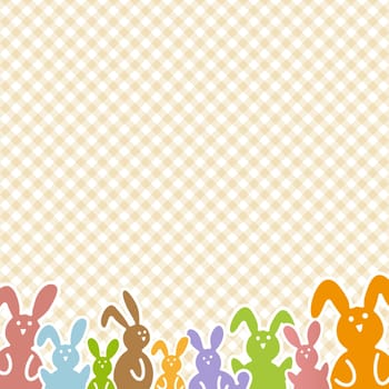 Happy Easter background with colored rabbits on checkered pattern