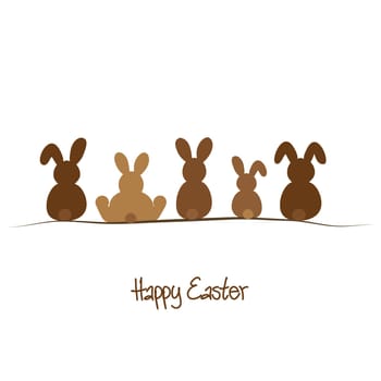 Happy Easter background with five brown rabbits