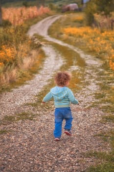 1 year old baby boy walking through the countryside.