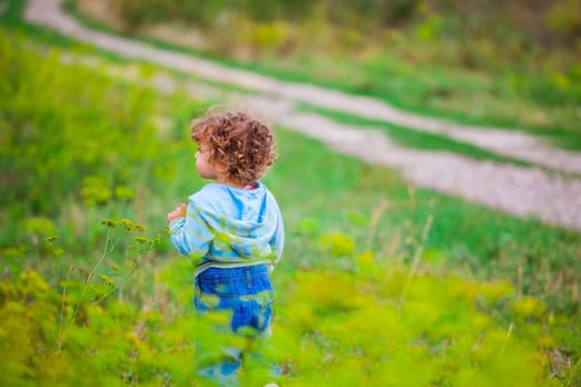 1 year old baby boy walking through the countryside.