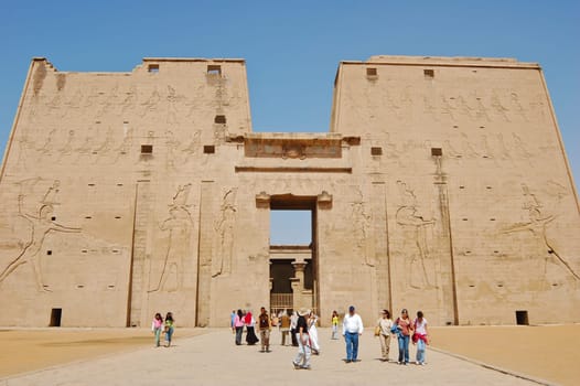 The first pylon at Edfu Temple in Edfu, Egypt. Photo taken on February 25, 2007.