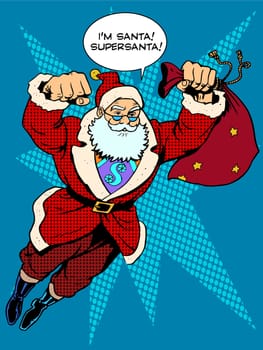 Santa Claus is flying with gifts like a superhero. Retro style pop art