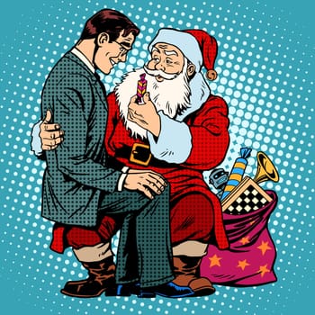 Christmas gift. Santa Claus and businessman. Retro style pop art