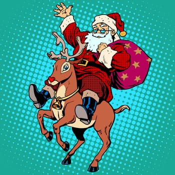 Santa Claus with gifts Christmas reindeer Rudolf. Retro style pop art