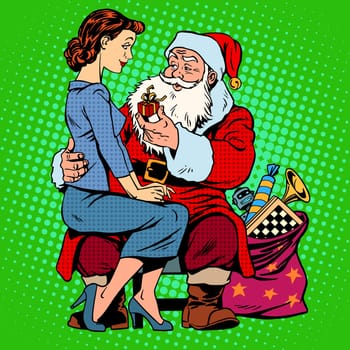 Christmas gift. Santa Claus and a beautiful girl. Retro style pop art