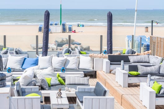 Restaurant on the beach,beach bar. In the background the beach and the sea..