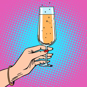 Toast a female hand with glass of champagne celebration party. Theme birthday or New year. Retro style pop art
