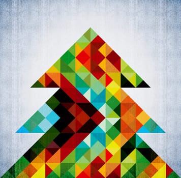 Trendy Christmas tree made with hipster geometric triangles over old jean fabric texture background.