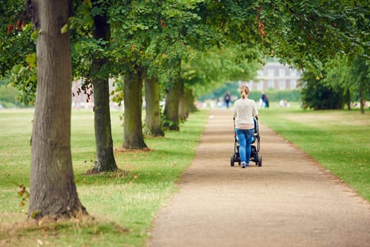 Unrecognisable woman pushing pram walking down tree-lined path in park.