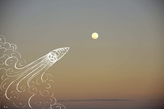 Be creative at your start up launch illustration concept. Hand drawn rocket ship over sunset sky travel direct to the moon background.