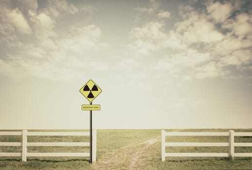 nuclear radiation warning symbol with blue sky