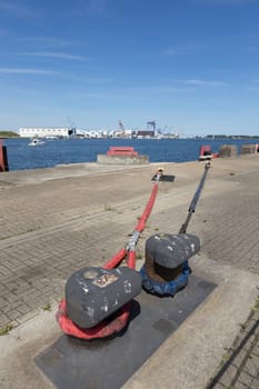 Two bollards and two mooring ropes for the ferry to Denmark