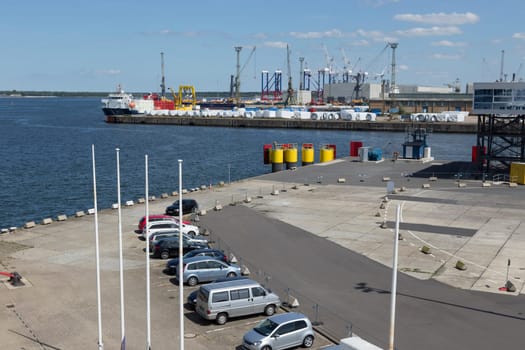 Harbour basin with parking of the ferry port in Warnemünde