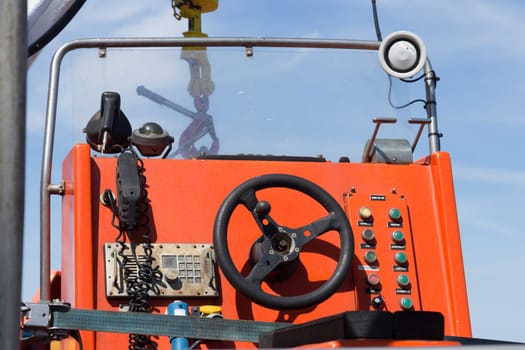Steering position of a lifeboat on the deck of a car ferry