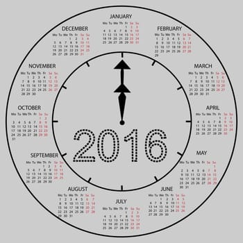 watch dial calendar 2016 new year. Week starts from Monday
