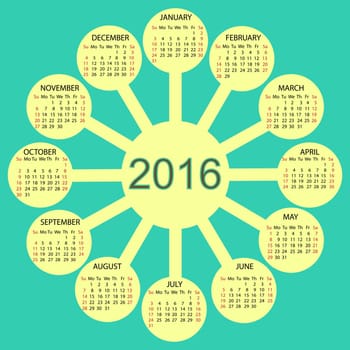Sunny circles calendar 2016 new year. Week starts from Sunday