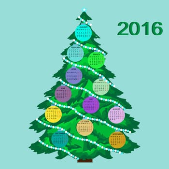 Christmas tree calendar 2016 new year. Week starts from Monday