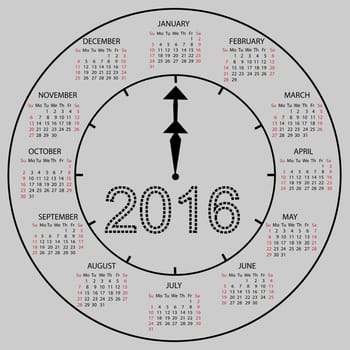 watch dial calendar 2016 new year. Week starts from Sunday