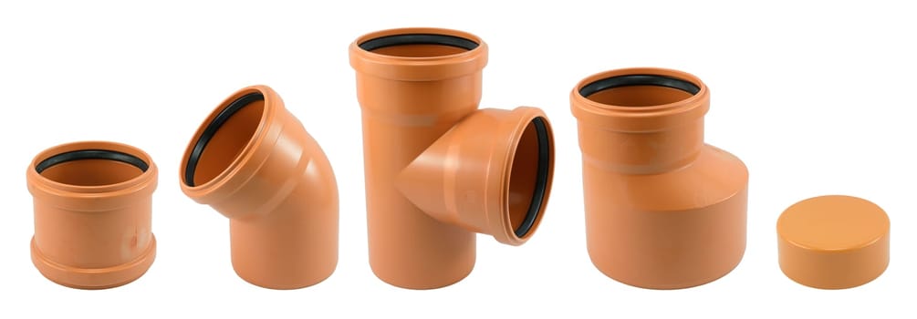 Five different drain pipe (110mm Push Fit), isolated on white.