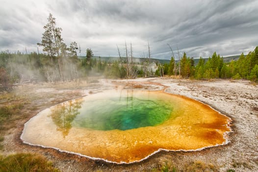 Landscape of a storm rolling over the Morning Glory Pool at Yellowstone National Park, Wyoming.