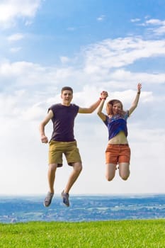 Young couple at the air jump