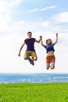Young couple at the air jump