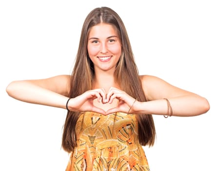 attractive young woman forms a heart with her hands